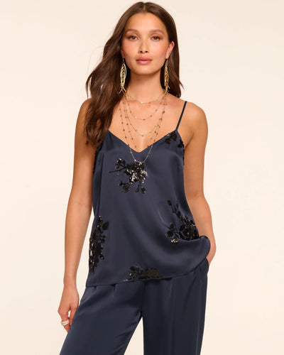 SANDRA V-NECK EMBELLISHED TANK TOP IN NAVY