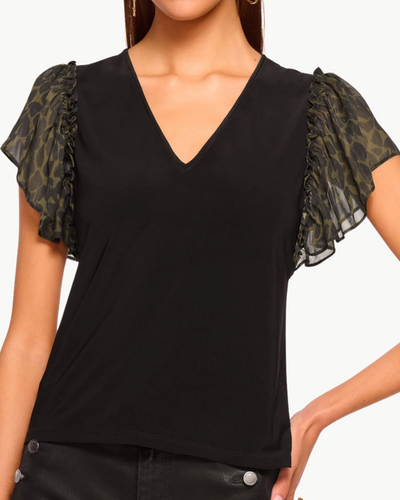 LYSETTE V-NECK FLUTTER SLEEVE TOP IN OLIVE FOLIAGE