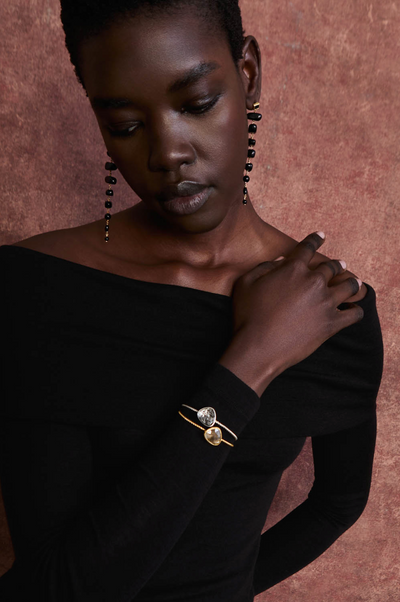 SILVER BEZEL BANGLE IN BLACK RUTILATED QUARTZ