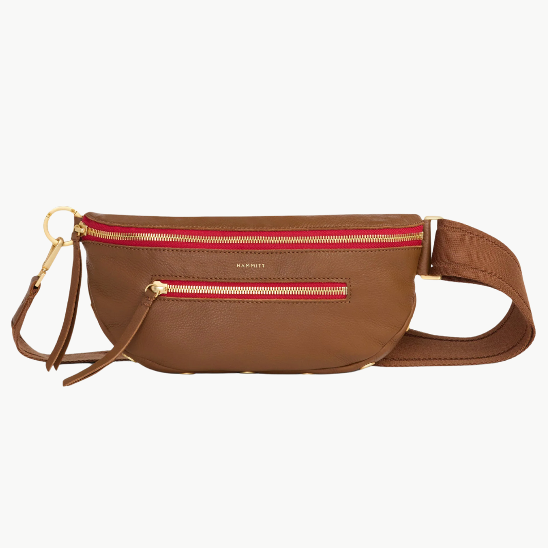 Hammitt CHARLES CROSSBODY MED IN MAHOGANY PEBBLE/BRUSHED GOLD RED ZIP at Romi Boutique