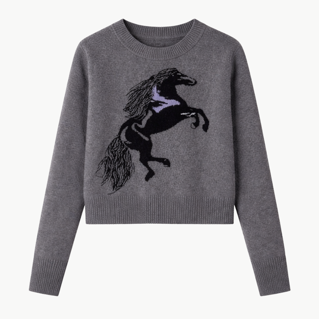 Autumn Cashmere INTARSIA HORSE CREW WITH FRINGE at Romi Boutique