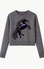 Autumn Cashmere INTARSIA HORSE CREW WITH FRINGE at Romi Boutique