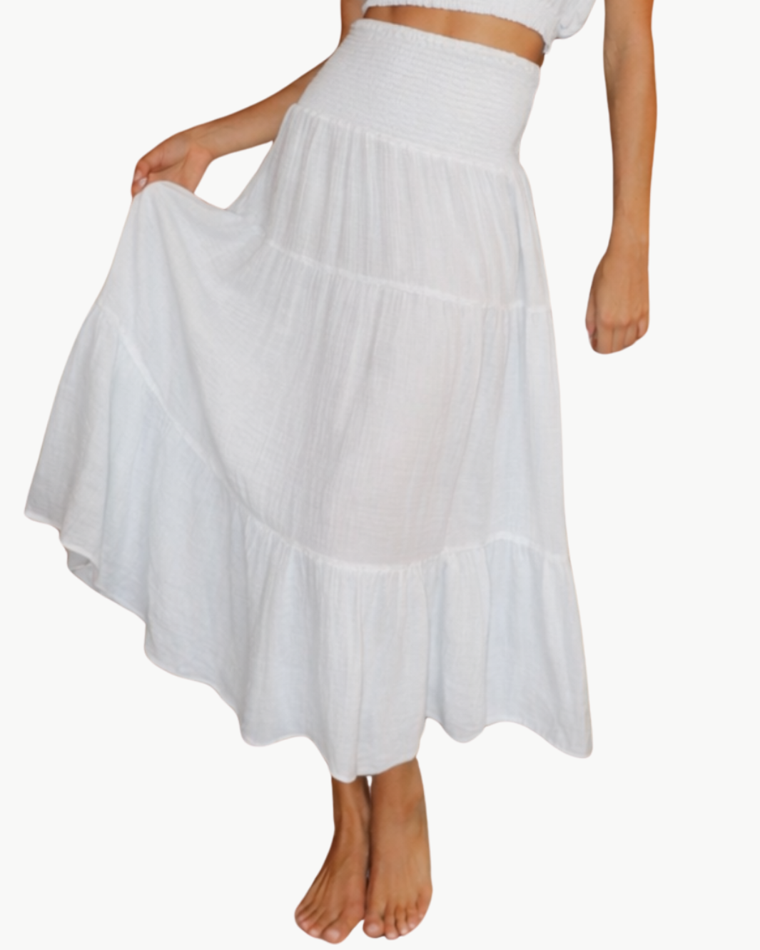 SMOCKED MAXI SKIRT GAUZE IN WHITE - Romi Boutique