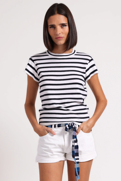 SUPIMA COTTON CASHMERE STRIPED CREW IN WHITE/NAVY