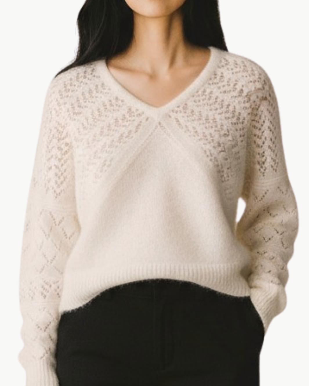 FANCY POINTELLE STITCHERY DOLMAN V IN IVORY