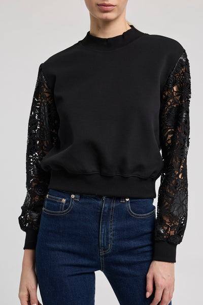 THERON GUIPURE COMBO SLEEVE SWEATSHIRT IN BLACK
