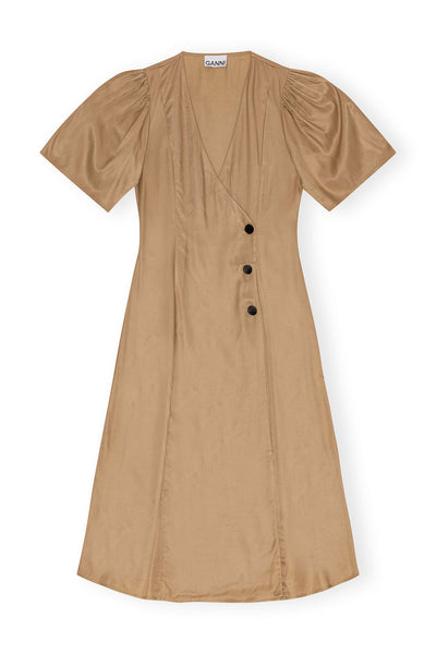 VISCOSE TWILL WRAP MIDI DRESS IN TIGER'S EYE - Romi Boutique