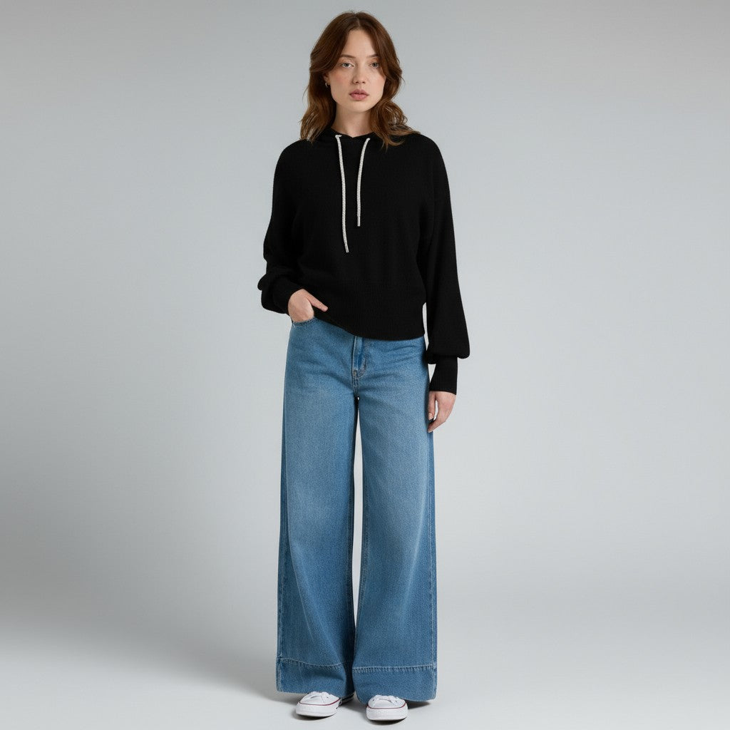 HILARY RHINESTONE DRAWSTRING CASHMERE HOODIE IN BLACK