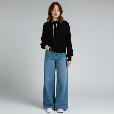 HILARY RHINESTONE DRAWSTRING CASHMERE HOODIE IN BLACK