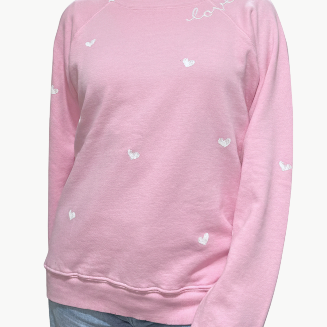 I Stole My Boyfriend's Shirt "LOVE" WITH WHITE HEARTS CREW SWEATSHIRT IN POWDER PINK at Romi Boutique