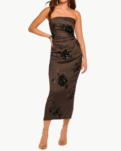 SHARON STRAPLESS EMBELLISHED MIDI DRESS IN BOHO BROWN