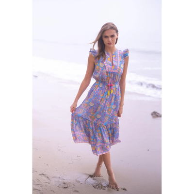 LOLA MIDI DRESS IN BLUE YELLOW PRINT