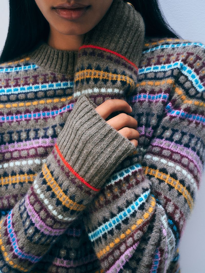 CASHMERE FAIR ISLE CREWNECK IN ASHEN BROWN COMBO