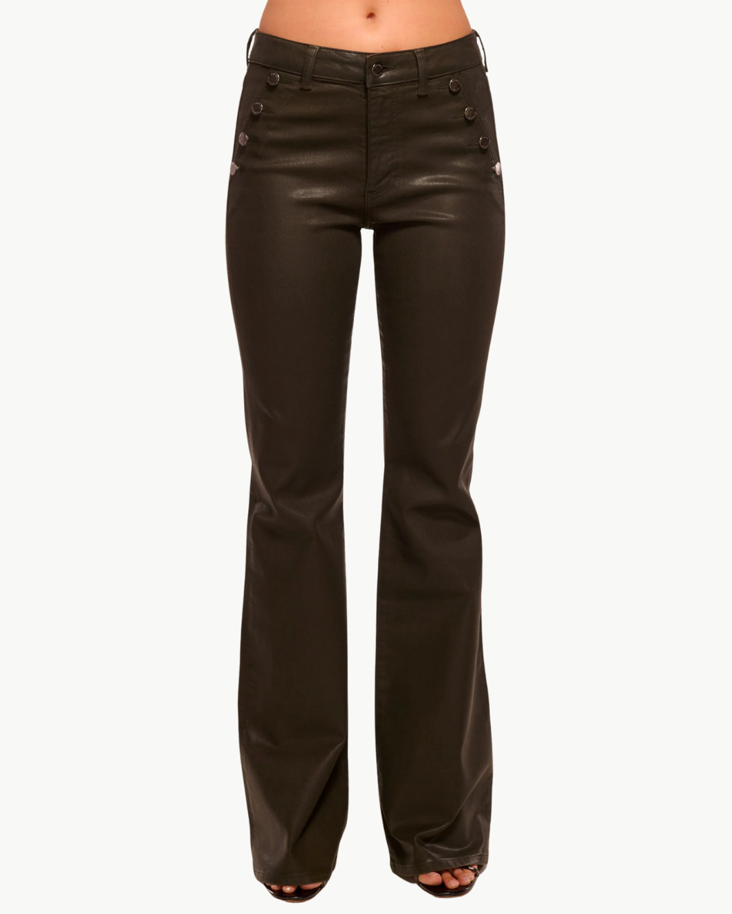 HELENA COATED HIGH-RISE FLARE JEAN IN OLIVE COATED