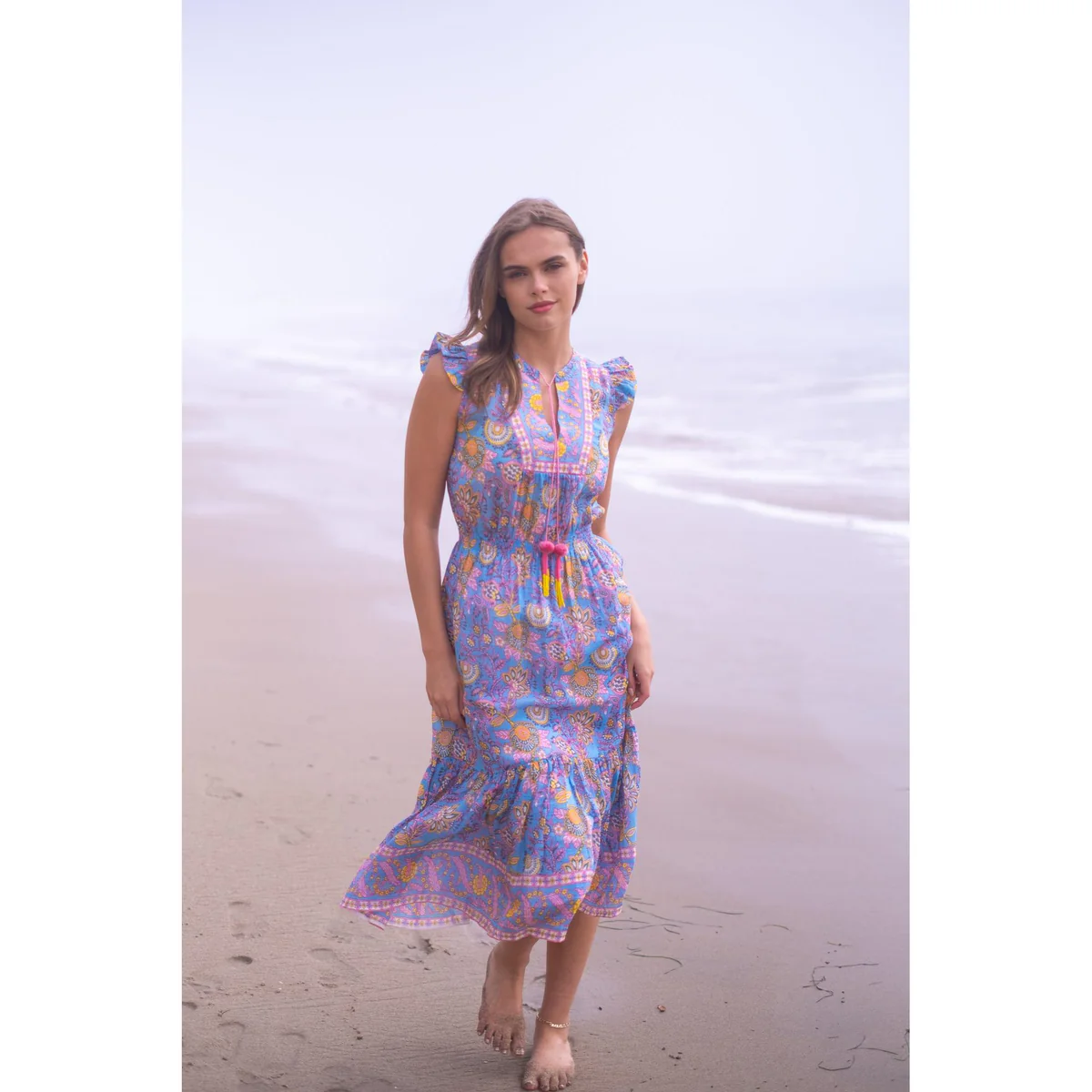 LOLA MIDI DRESS IN BLUE YELLOW PRINT