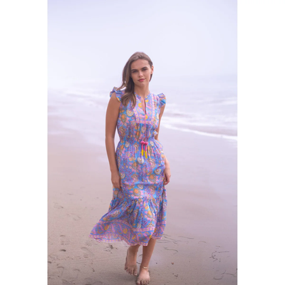 LOLA MIDI DRESS IN BLUE YELLOW PRINT