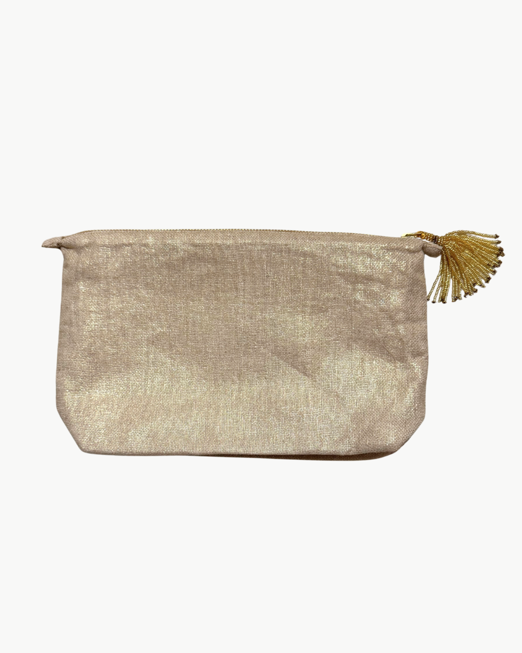 Olivia Dar LARGE SUN MAKE UP BAG IN GOLD LINEN at Romi Boutique