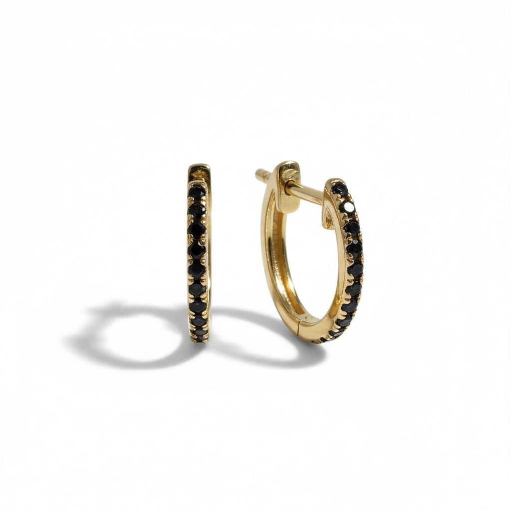 BLACK DIAMOND HUGGIE EARRINGS IN 14K YELLOW GOLD - Romi Boutique