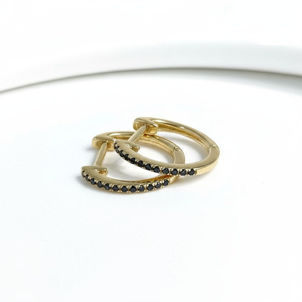 BLACK DIAMOND HUGGIE EARRINGS IN 14K YELLOW GOLD - Romi Boutique