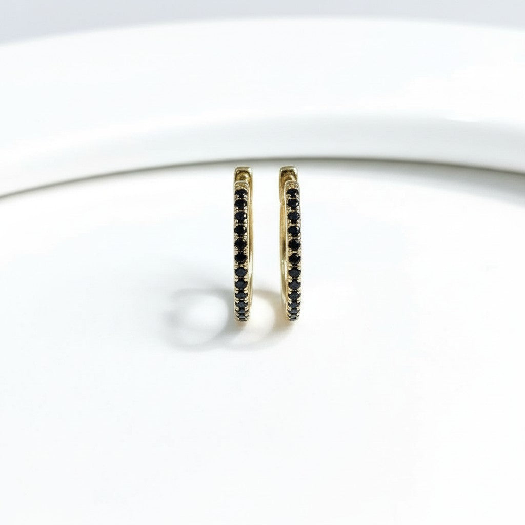 BLACK DIAMOND HUGGIE EARRINGS IN 14K YELLOW GOLD - Romi Boutique