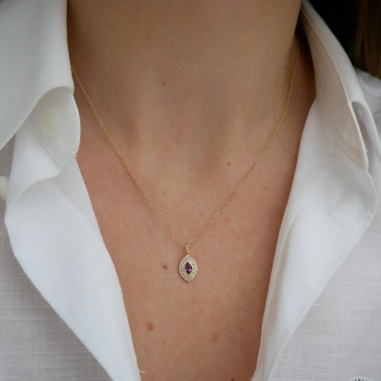 DIAMOND AND MARQUIS AMETHYST GEM NECKLACE IN 14K YELLOW GOLD by EF Collection - Romi Boutique