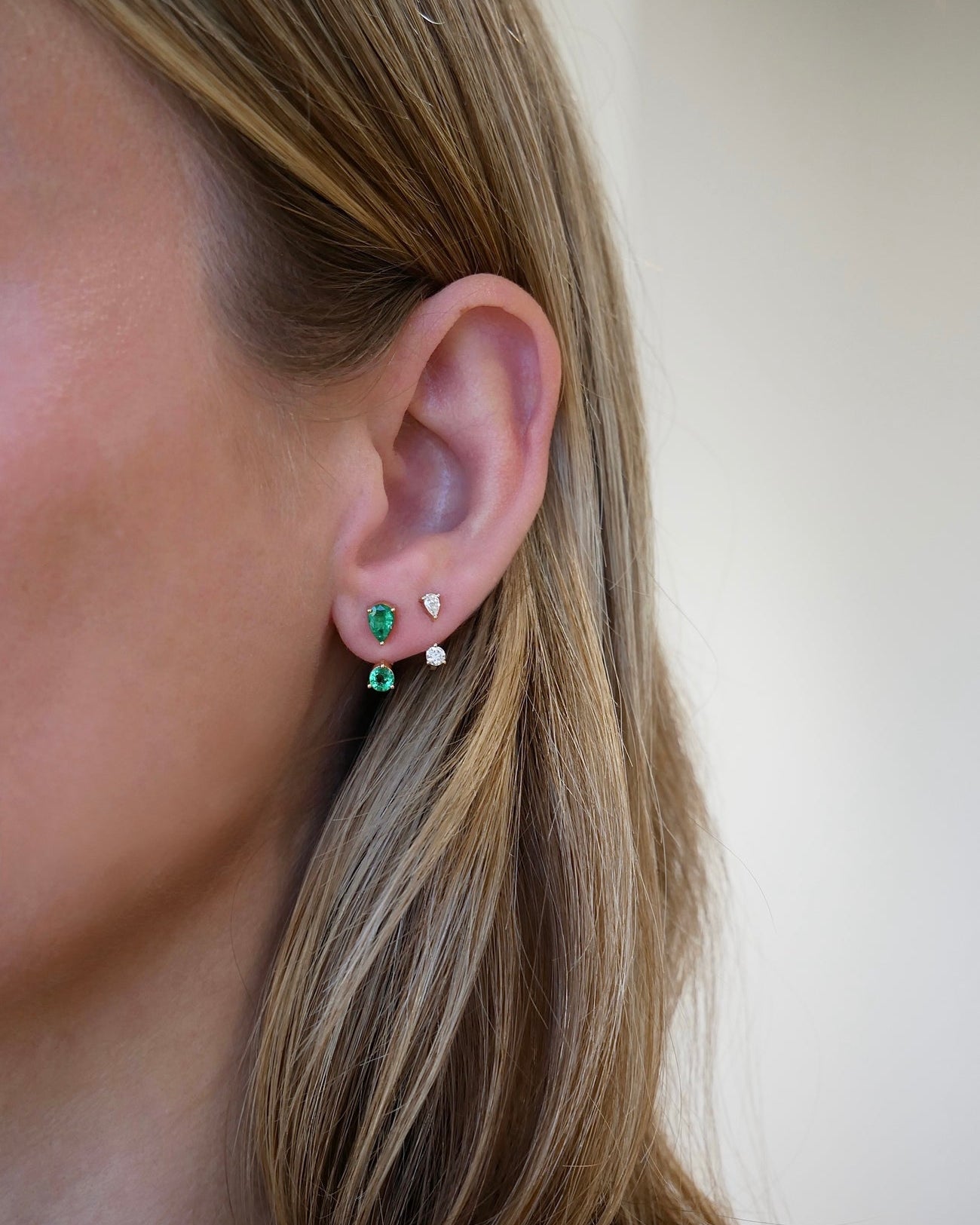 EMERALD PEAR AND ROUND ILLUSION STUD EARRINGS IN 14K YELLOW GOLD - Romi Boutique