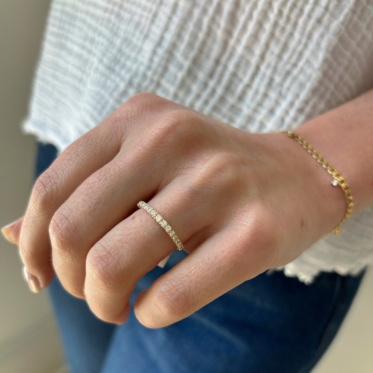 FULL CUT DIAMOND ARC RING IN 14K YELLOW GOLD - Romi Boutique