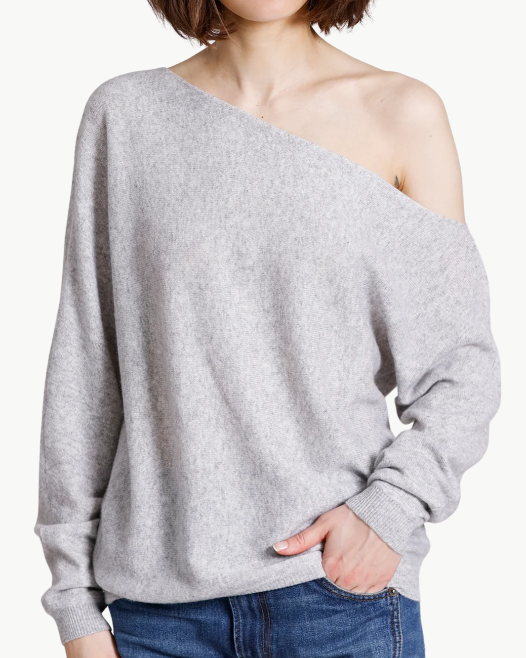 CASHMERE OFF THE SHOULDER TOP IN LIGHT HEATHER GREY