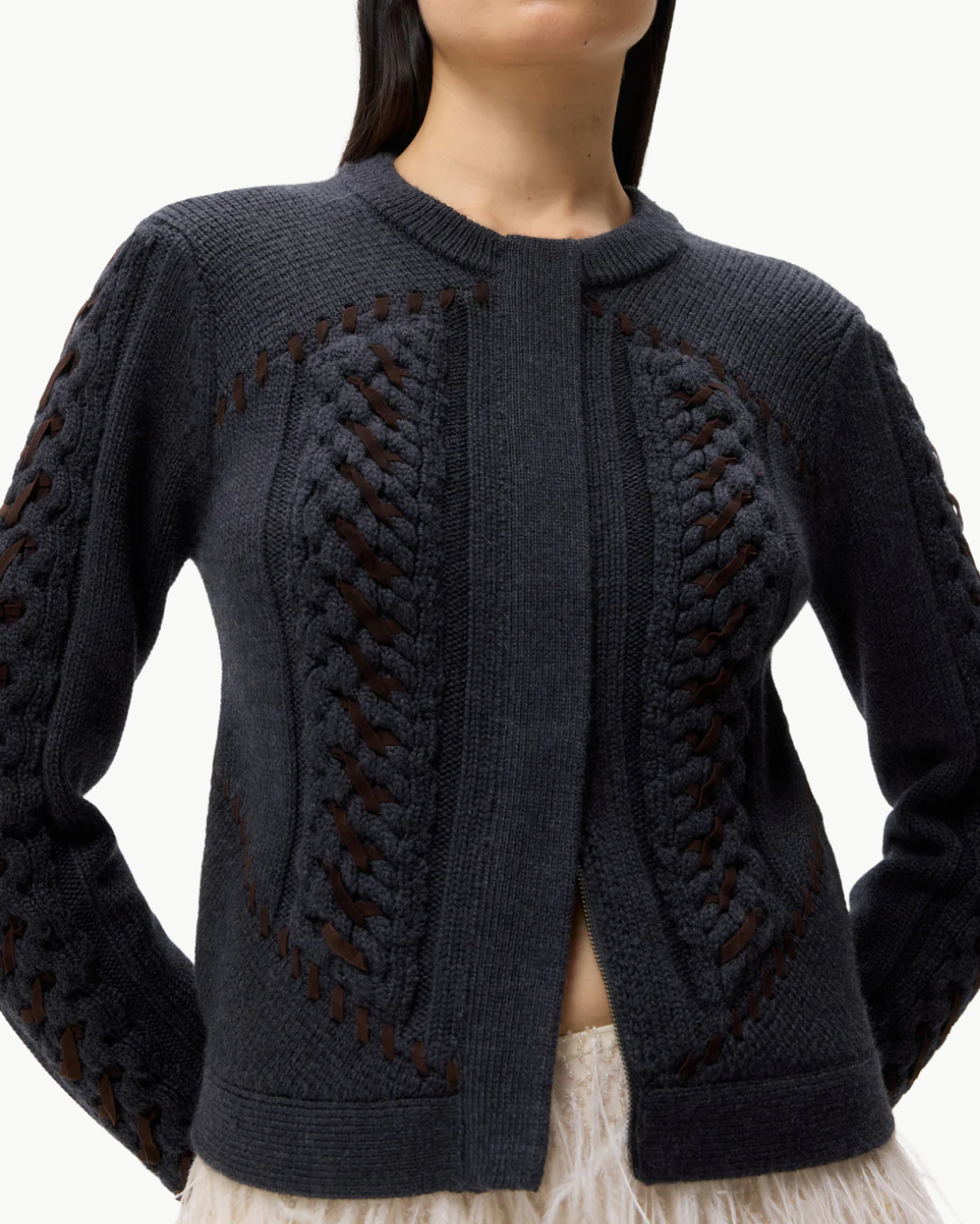 SUEDE CABLE SWEATER JACKET IN CHARCOAL