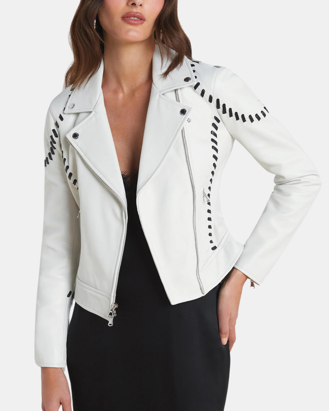 ELEANA WHIPSTITCH LEATHER JACKET IN IVORY - Romi Boutique