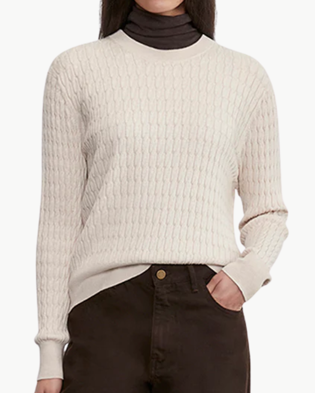 CASHMERE COTTON CABLE KNIT EASY CREW IN PARCHMENT - Romi Boutique