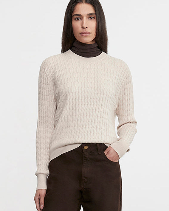 CASHMERE COTTON CABLE KNIT EASY CREW IN PARCHMENT - Romi Boutique