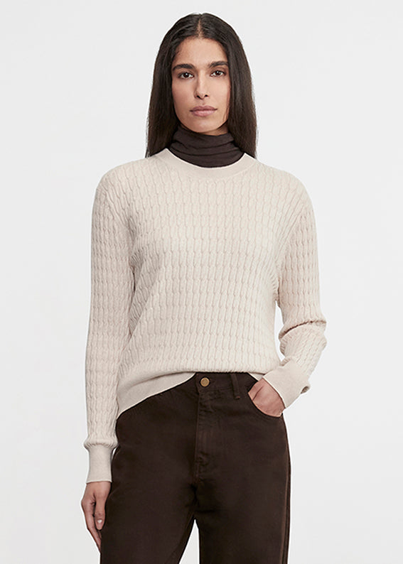 CASHMERE COTTON CABLE KNIT EASY CREW IN PARCHMENT - Romi Boutique