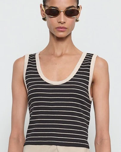 COTTON STRIPE CLASSIC U TANK IN WHEAT/BLACK - Romi Boutique