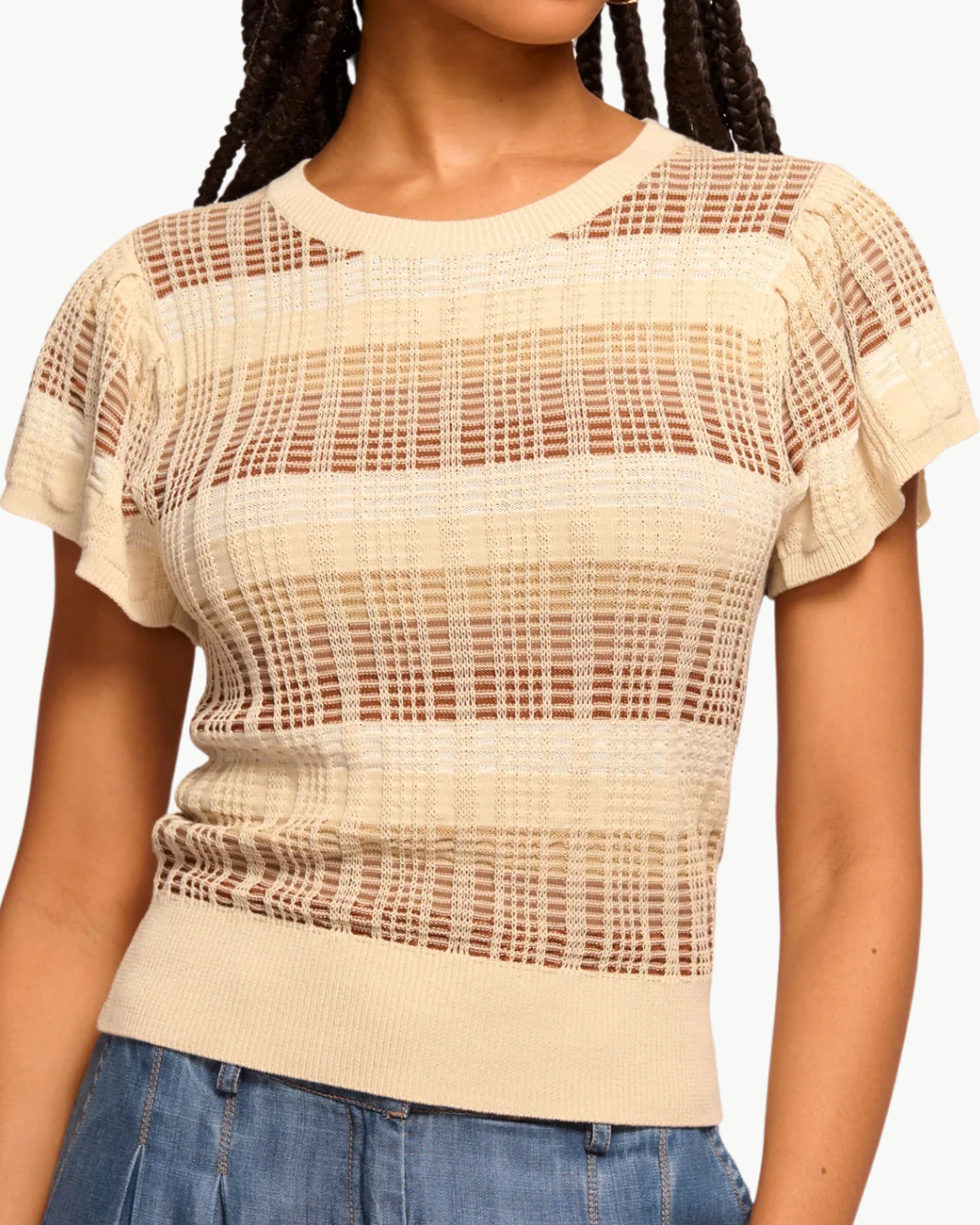 REBECCA KNIT FLUTTER SLEEVE TOP IN BONE PLAID - Romi Boutique