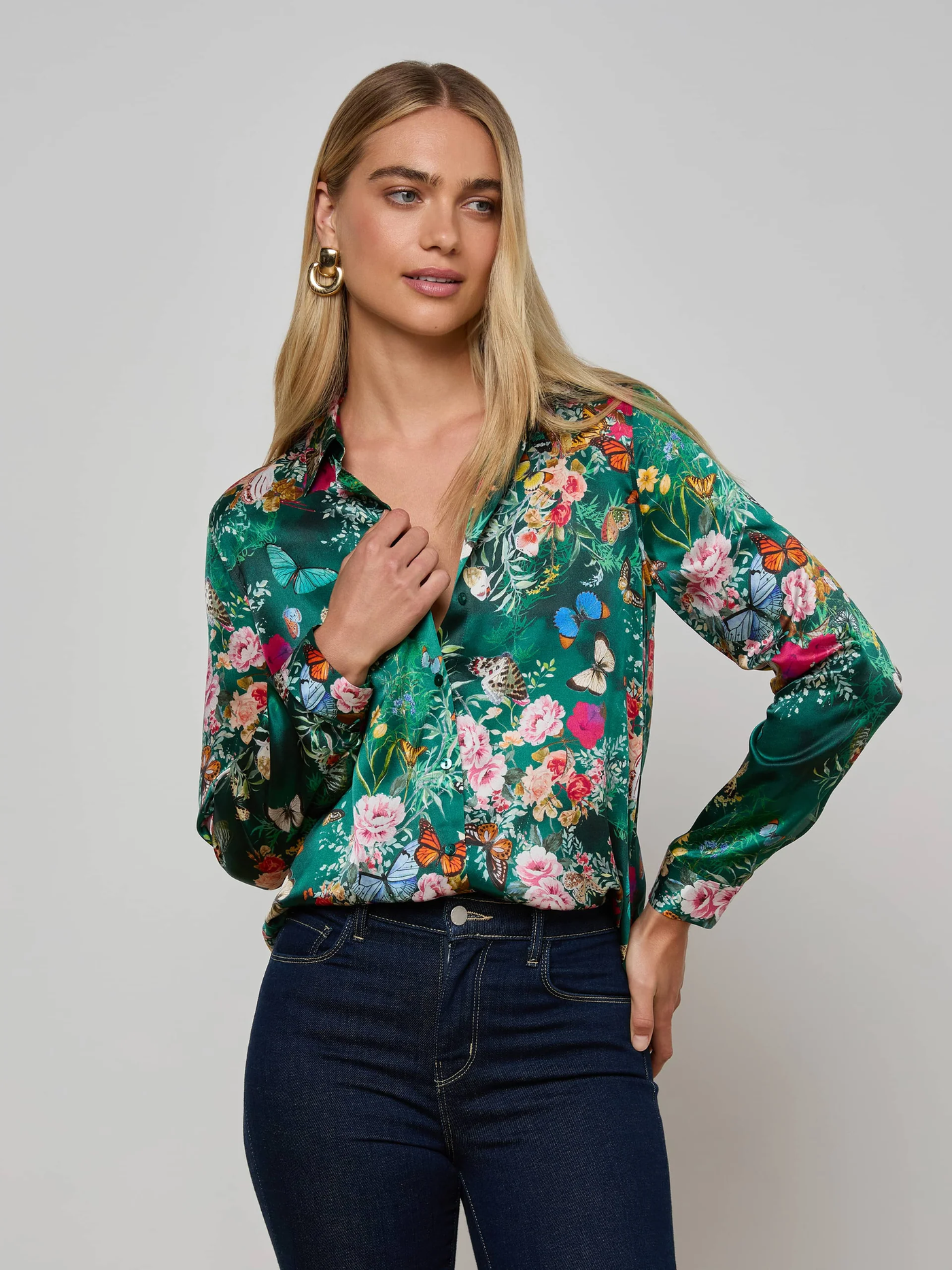 TYLER SILK BLOUSE IN BOTTLE GREEN MULTI CHARONDA BUTTERFLY - Romi Boutique