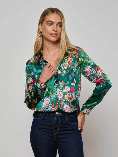 TYLER SILK BLOUSE IN BOTTLE GREEN MULTI CHARONDA BUTTERFLY - Romi Boutique