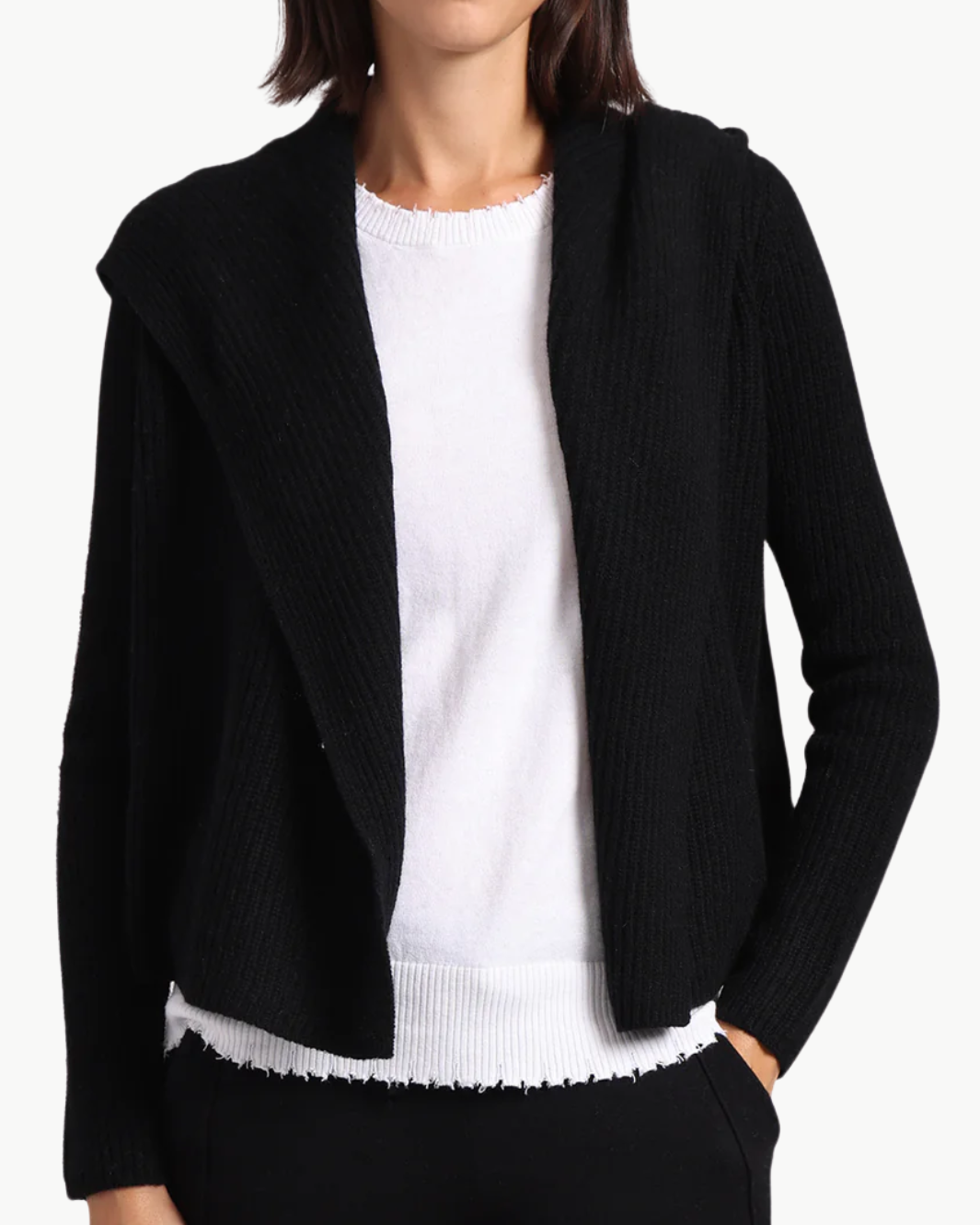 CASHMERE SHAKER HOODED FLYAWAY CARDIGAN IN BLACK