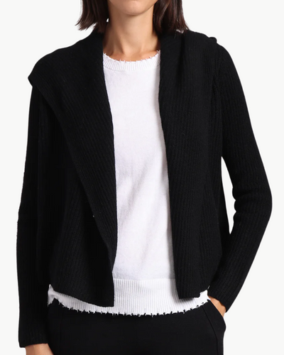 CASHMERE SHAKER HOODED FLYAWAY CARDIGAN IN BLACK