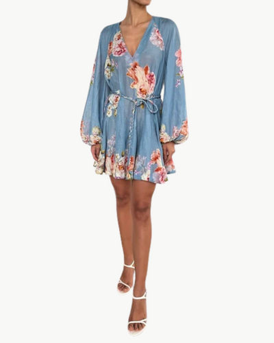 SHORT DRESS WITH BRAIDED BELT IN PINK BLUE MIX