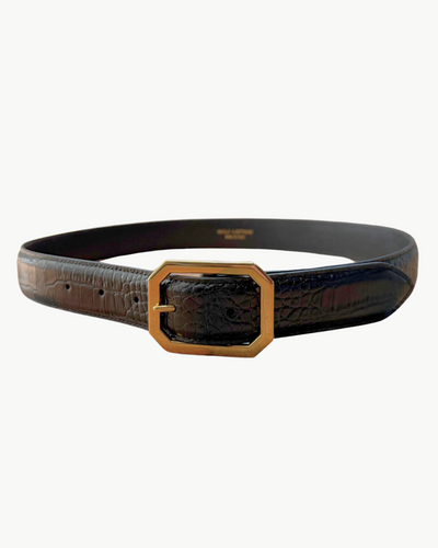 ANAIS BELT IN BLACK CROC W/ ANTIQUE GOLD BUCKLE