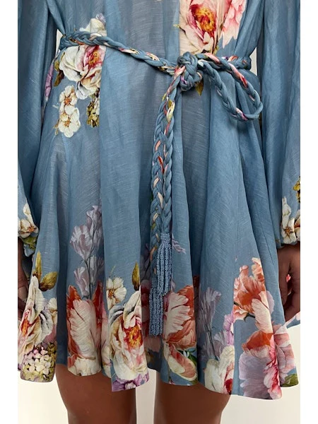 SHORT DRESS WITH BRAIDED BELT IN PINK BLUE MIX