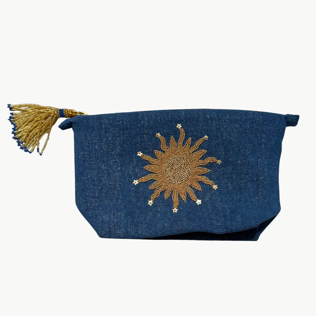 Olivia Dar SMALL SUN MAKE UP BAG IN BLUE LINEN at Romi Boutique