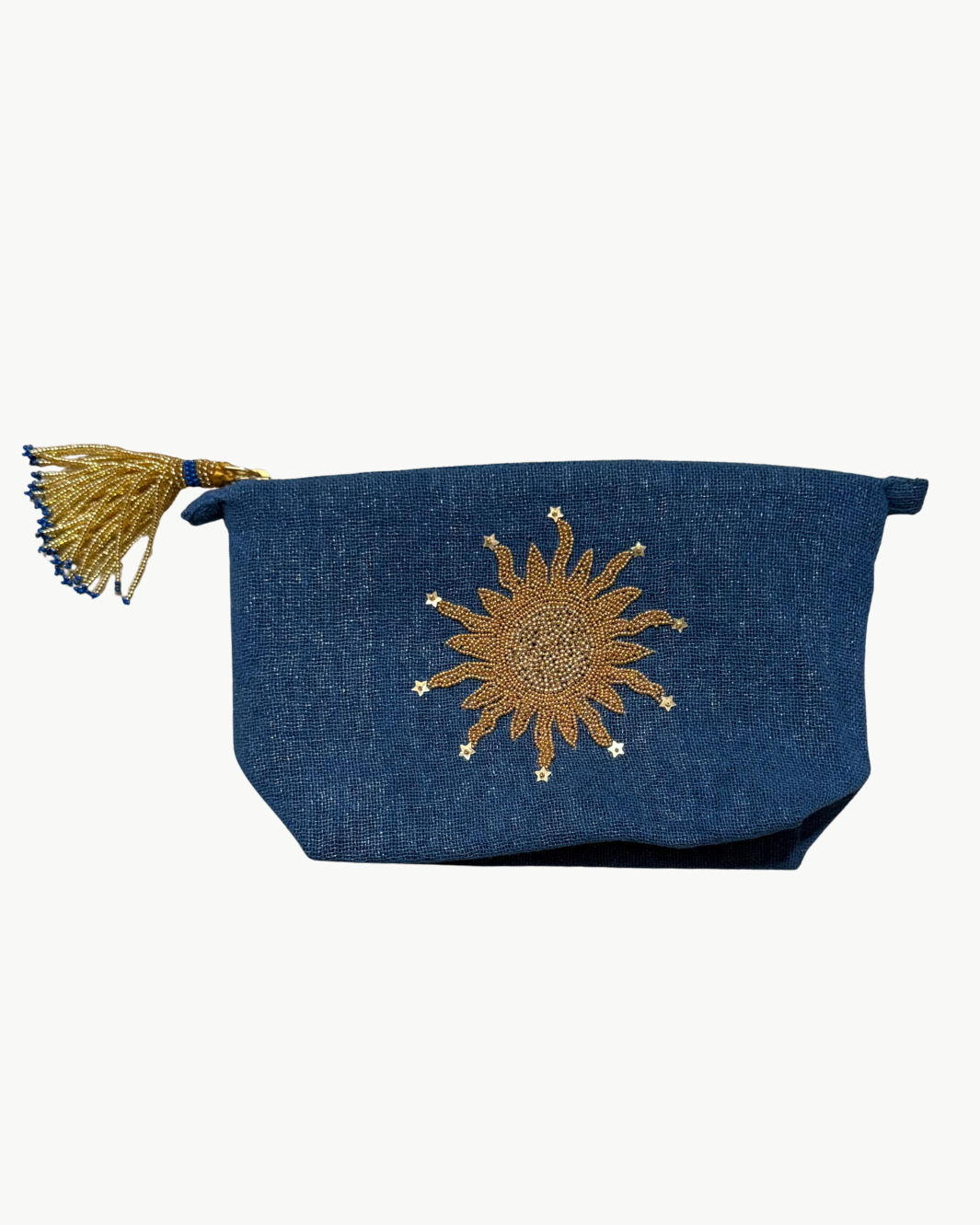 Olivia Dar SMALL SUN MAKE UP BAG IN BLUE LINEN at Romi Boutique