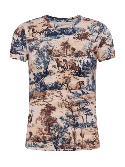 RESSI FITTED TEE IN TAN MULTI WESTERN TOILE