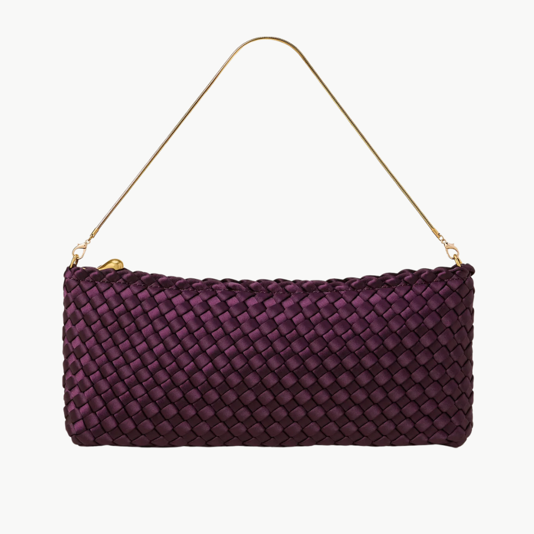 Naghedi GALA CLUTCH SATIN IN CURRANT at Romi Boutique