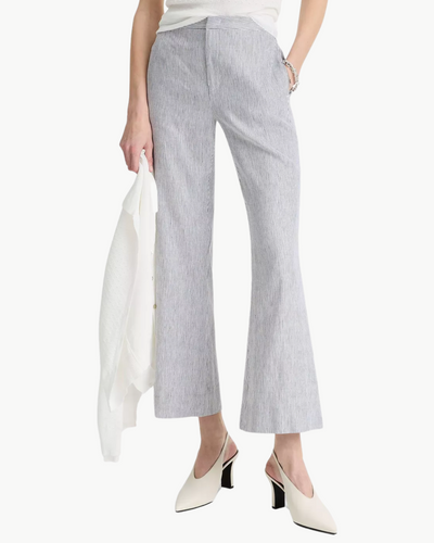 TICKING STRIPED CROP FLARE TROUSER IN IRIS SLATE/ OFF WHITE