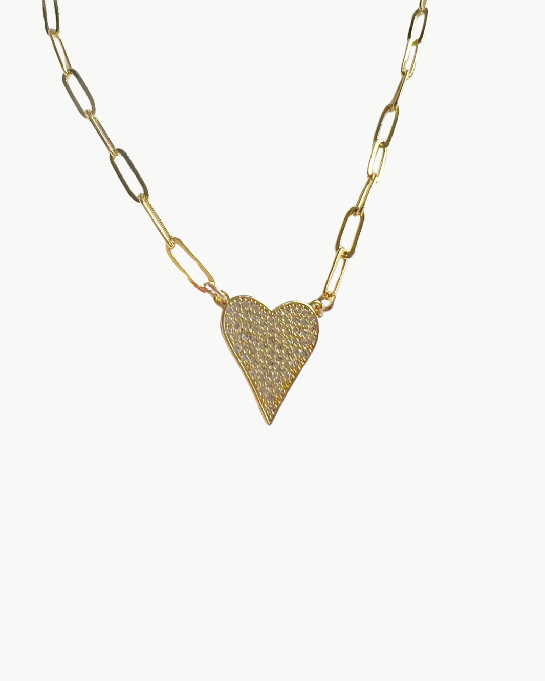 STAY TRUE PAVE HEART PAPERCLIP NECKLACE IN GOLD FILLED