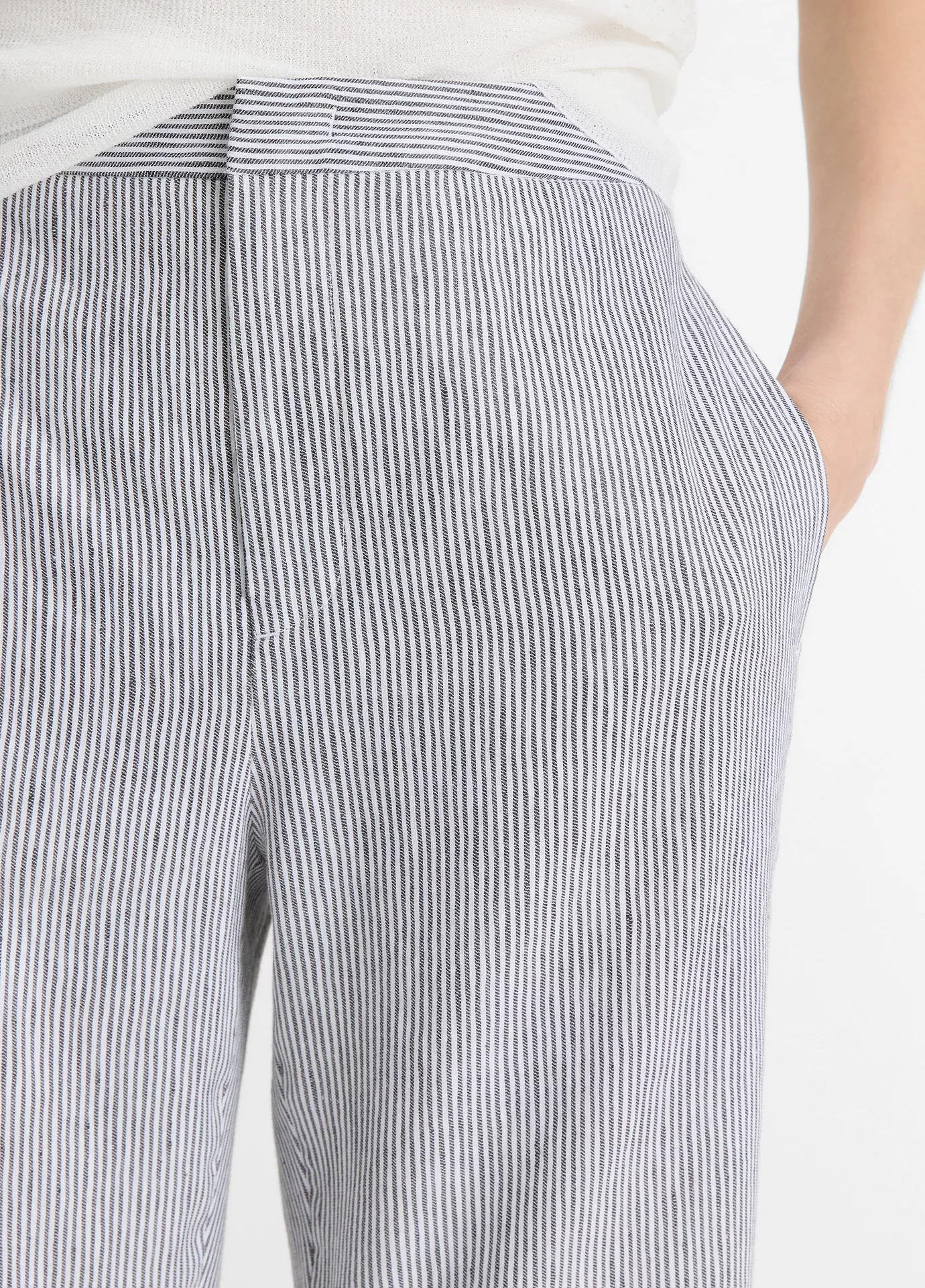 TICKING STRIPED CROP FLARE TROUSER IN IRIS SLATE/ OFF WHITE