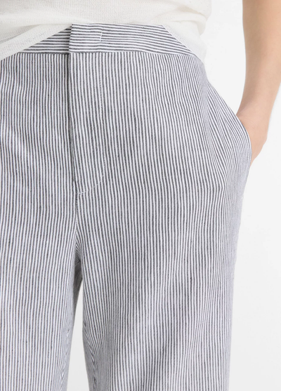 TICKING STRIPED CROP FLARE TROUSER IN IRIS SLATE/ OFF WHITE